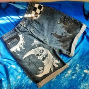 Hand-Painted skull denim shorts